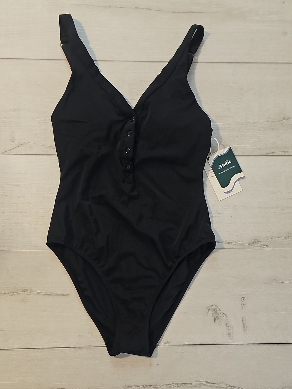 Andie Women's XS Solid Black One-Piece Swimsuit with Button-Front Detail